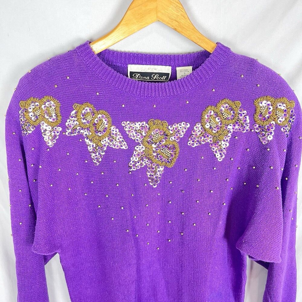 Vintage Dana Scott Amethyst Beaded Sweater Floral Knit Women S - Picture 13 of 16